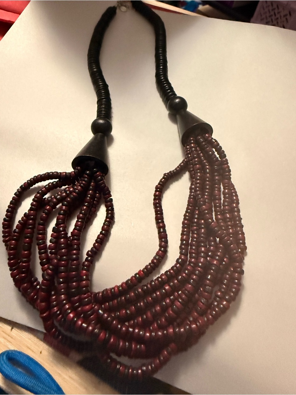 Express Multi Strand Wood Bead Statement Necklace Burgundy Black 20” Boho Y2K